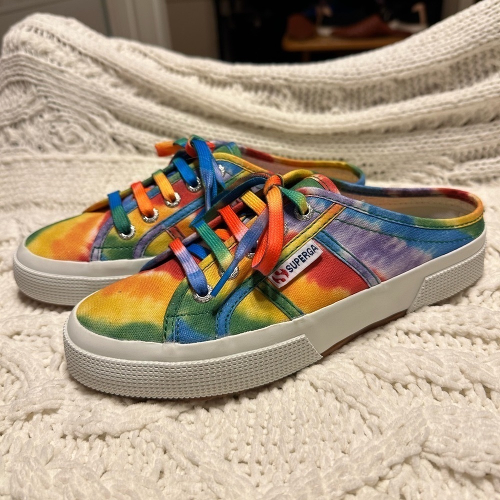 Like New tie dye Superga slip on sneakers 36 6 red blue green yellow purple pink - Picture 2 of 12